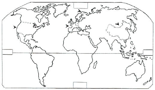 Weltkarte mit Umrissen der Kontinente und einigen Landesgrenzen (USA, China, Deutschland)