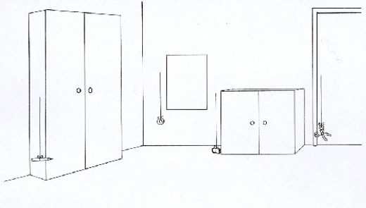 Zeichnung: Mit einem Senklot wird überprüft, ob Schrank, Tafel und Tür senkrecht stehen
