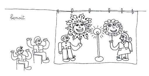 Kinderzeichnung: Sonne und Mond als Marionetten