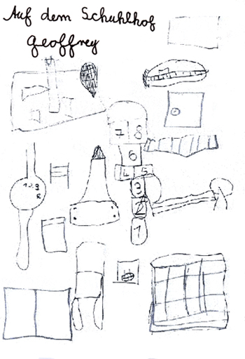 Zeichnung: Dinge, die Geoffroy auf dem Schulhof entdeckt hat.