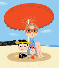 Zeichnung einer Mutter mit zwei Kindern unter einem Sonnenschirm