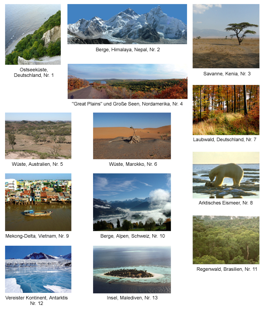 Arbeitsblätter Nr. 1 und 2 in klein: Fotos verschiedener Landschaften