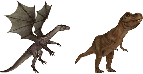 Bilder eines Drachens und eines Dinosauriers